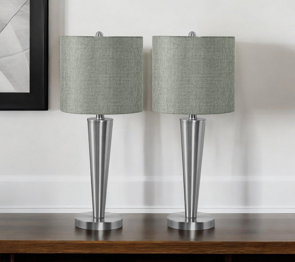 Set of Two 24" Silver Metal Candlestick USB Table Lamps With Gray Drum Shade LuxuryLifeWay Online Store