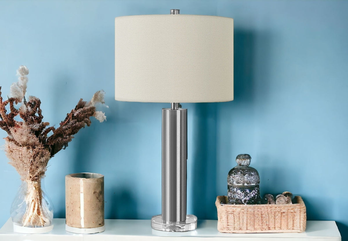 28" Silver Acrylic Cylinder Table Lamp With Ivory Drum Shade LuxuryLifeWay Online Store
