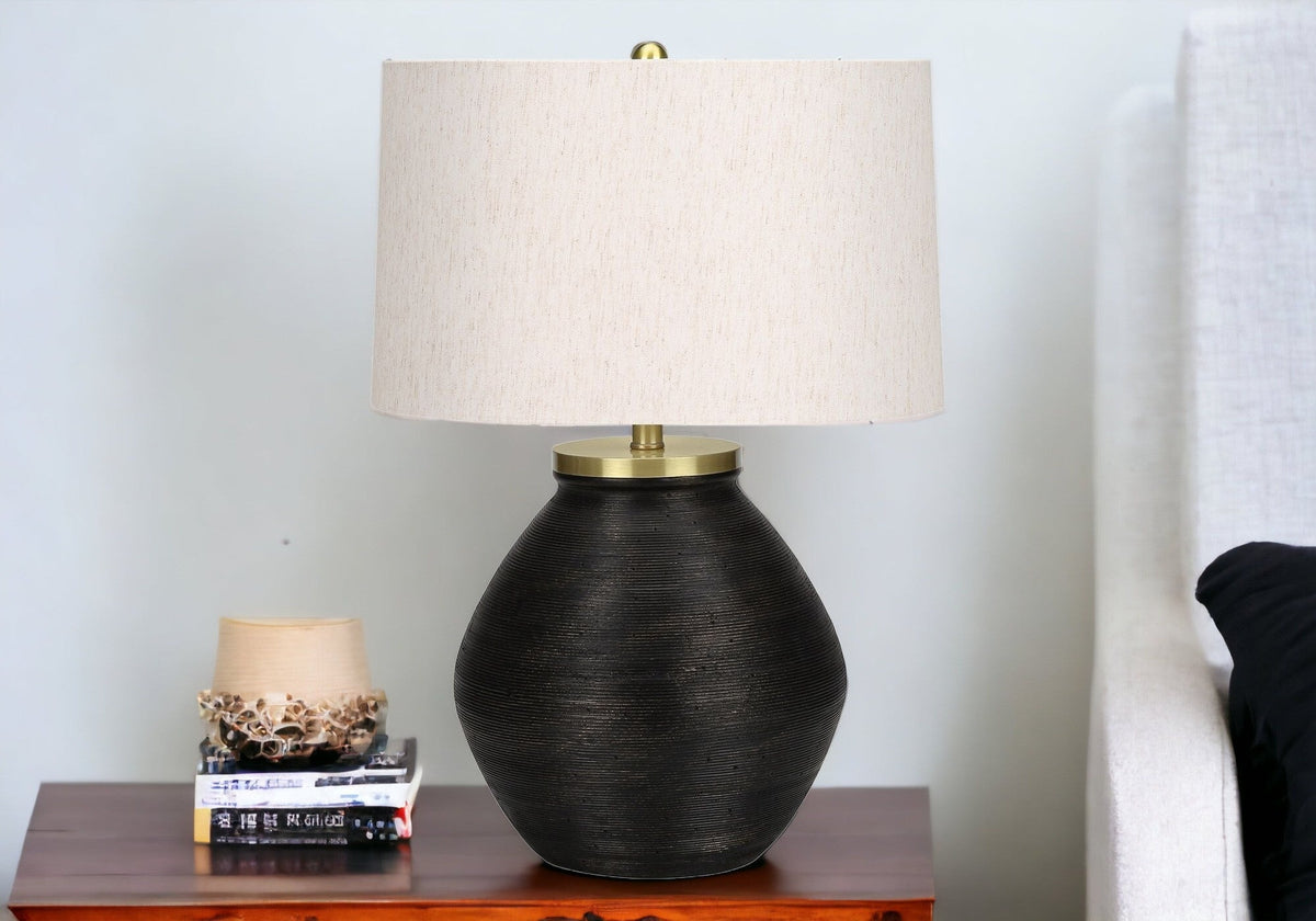 25" Black and Gold Concrete Round Table Lamp With Ivory Drum Shade LuxuryLifeWay Online Store