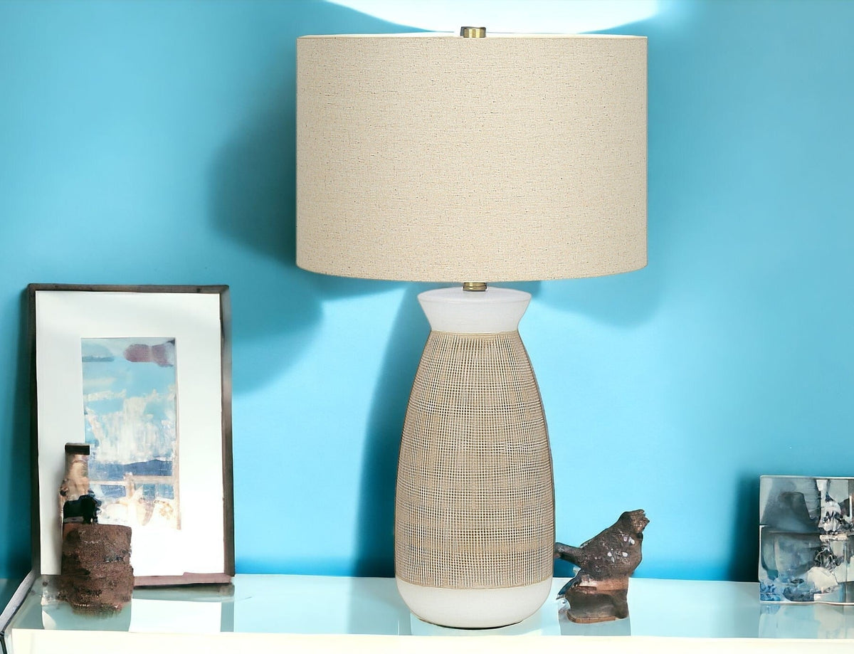 27" Brown and White Ceramic Round Table Lamp With Beige Drum Shade LuxuryLifeWay Online Store