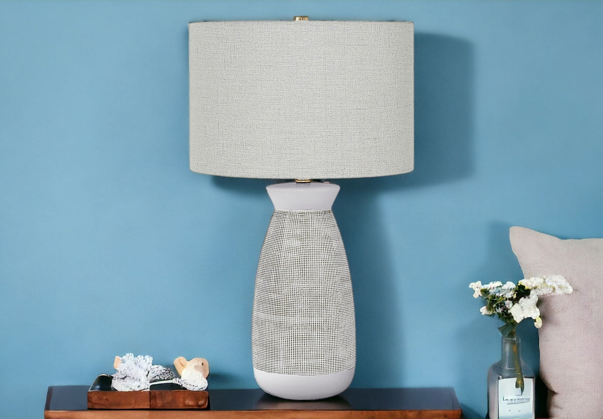 27" Gray and White Ceramic Round Table Lamp With Gray Drum Shade LuxuryLifeWay Online Store