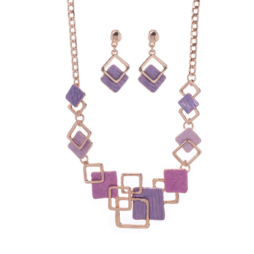 Necklace And Earrings Kit Zinc Alloy Geometric Square Color Oil Necklace Hollow Female LadyShow.Store