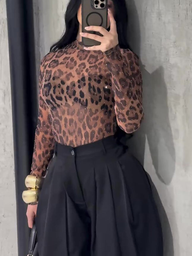 Leopard Print High Neck Diamond Long Sleeve Top NorixaFashion.com