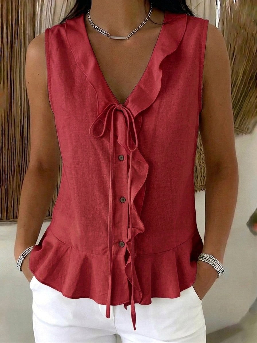 Women's Casual V-Neck Ruffle Trim Sleeveless Top NorixaFashion.com