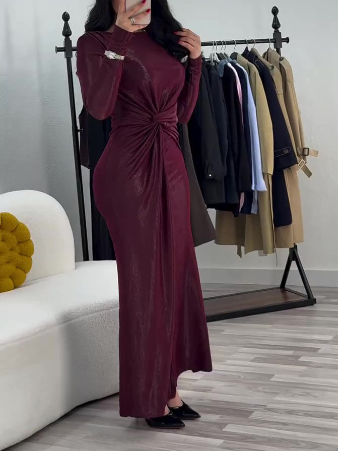 Metallic Maxi Dress With Twist Front Detail And Long Sleeves NorixaFashion.com