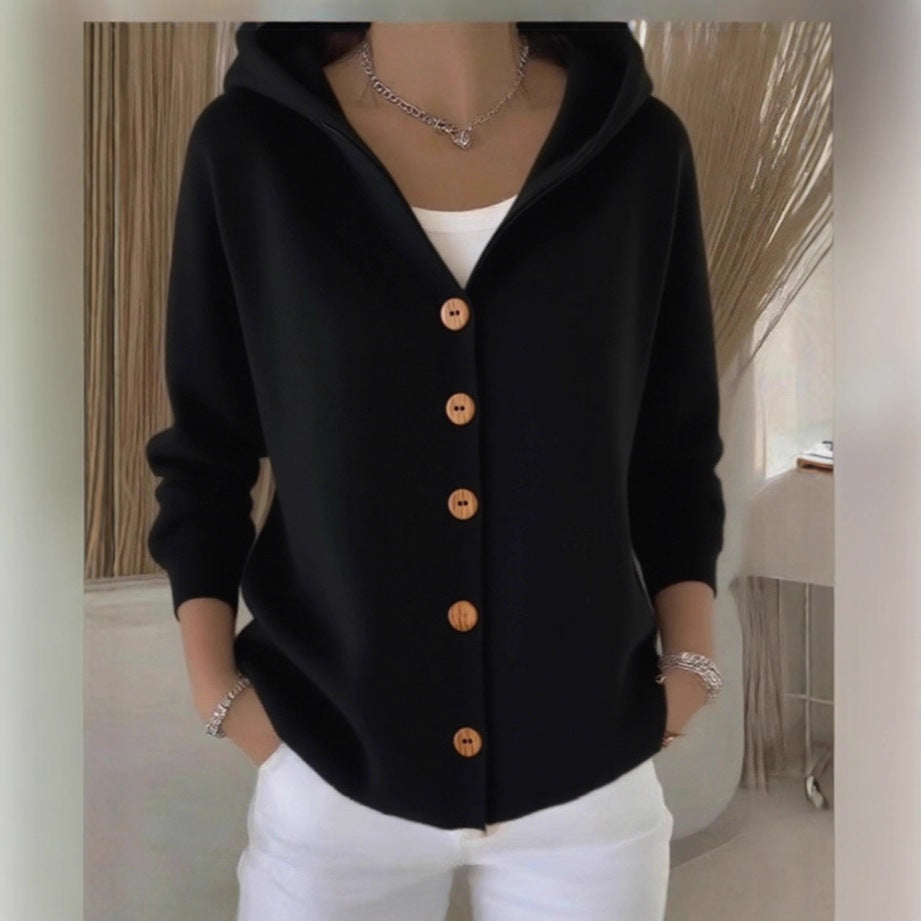 Ins Button Hooded Sweater Fashion Autumn And Winter Knitted Cardigan Casual Commuter Long Sleeve Top Women's Clothing NorixaFashion.com