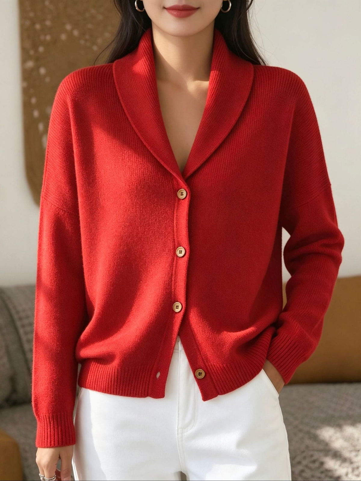 Womens Knitted Cardigan Loose-Fit Lazy Style Soft And Cozy Notch Lapel Solid Color Long-Sleeve Sweater NorixaFashion.com