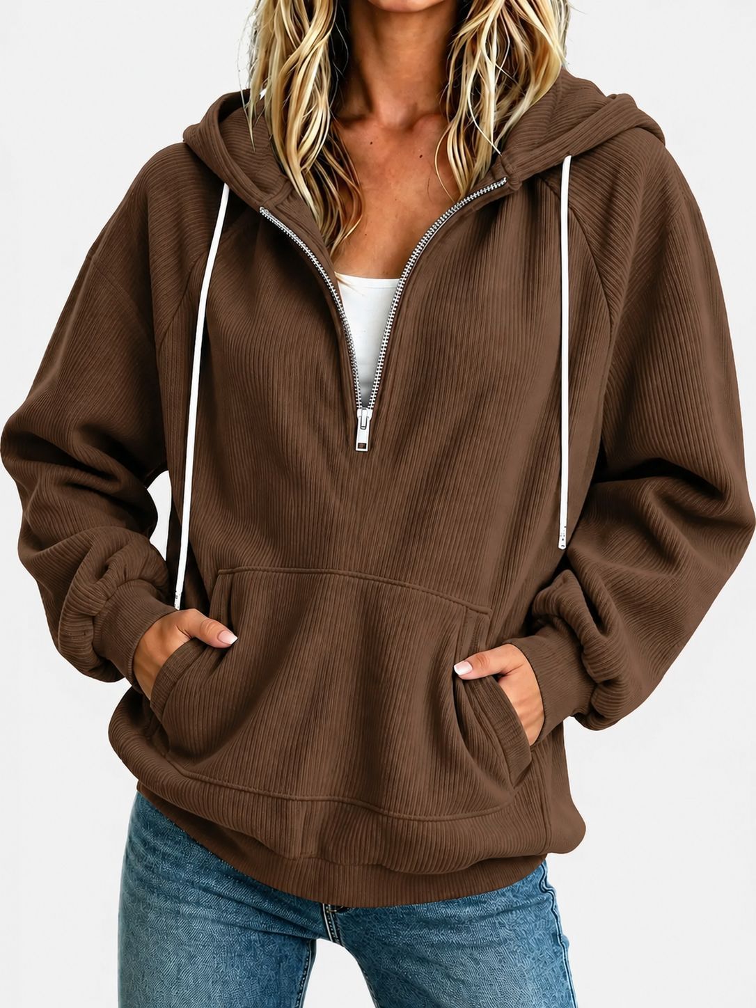 2026 Autumn New European And American Women's Half Zipper Hoodie Loose Long Sleeve Drawstring Casual Top NorixaFashion.com