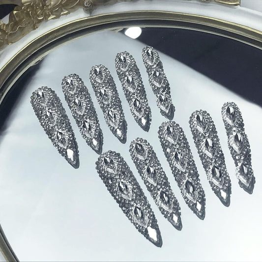 GGddsha Queen Of Haute Style Full Diamond Long AlmondPress On Nails PMMA Acrylic Handmade Nails Full Deluxe 3DCrystal Fake Nails,Glacial Empress Tri Light Beauty