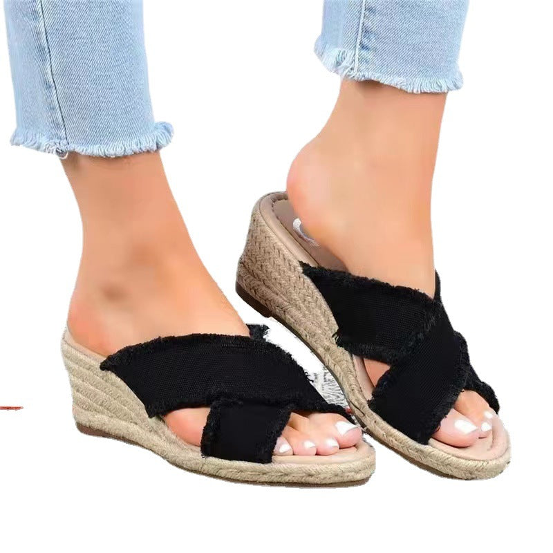 Denim Fashion Hemp Braided Lightweight High Heel Slippers LadyShow.Store