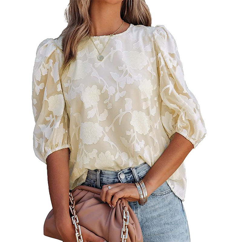 Women's Puff Sleeve Chiffon Loose Top Flower Texture Shirt NorixaFashion.com