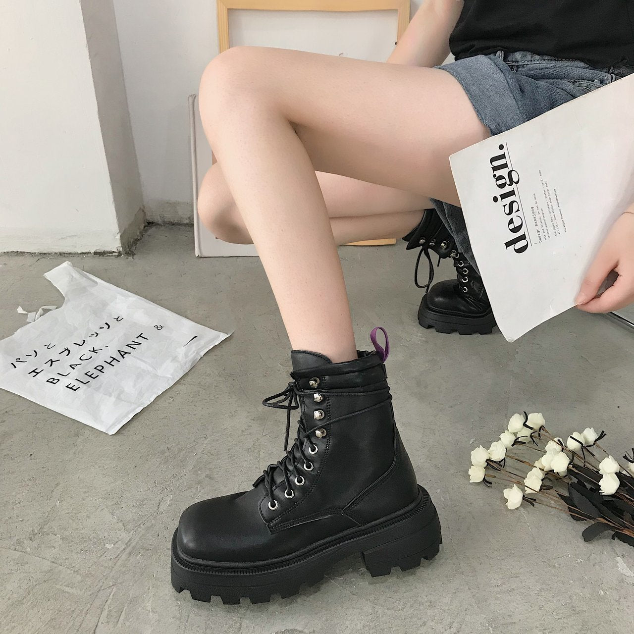 Square toe platform mid-heel lace-up fashion boots LadyShow.Store