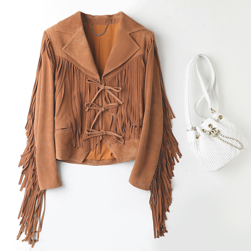 Genuine Leather Sheepskin Suede Lapel Tassel Motorcycle Short Jacket LadyShow.Store