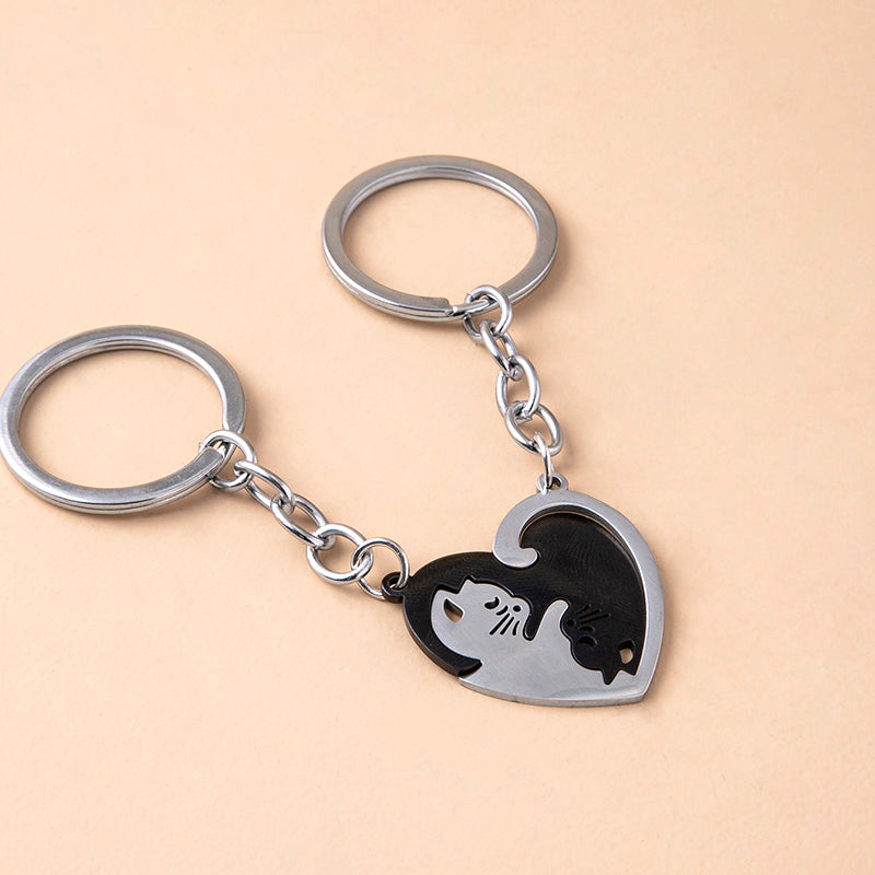 Love Heart Black White Cats Stainless Steel Couple Keychains LadyShow.Store