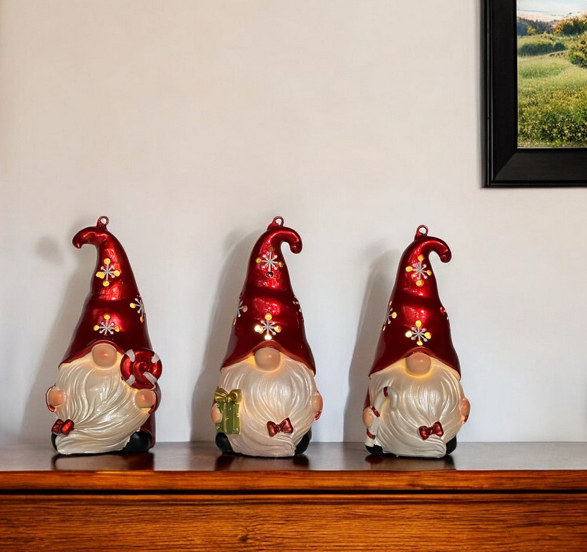 Set of Three Red and White Santa Gnome LED Light Up Christmas Ornaments LuxuryLifeWay Online Store