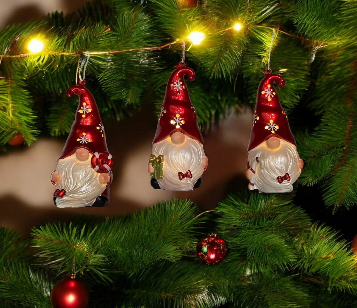 Set of Three Red and White Santa Gnome LED Light Up Christmas Ornaments LuxuryLifeWay Online Store