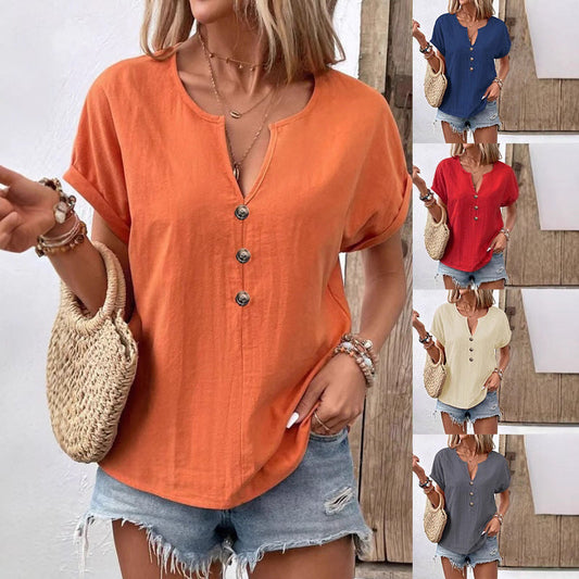 Women's Buttoned V-neck Short-sleeve T-shirt Top LadyShow.Store