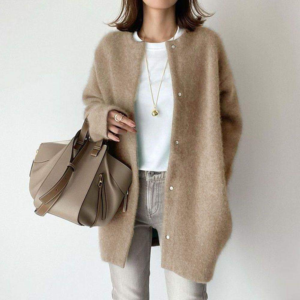 Loose Round Neck Single Breasted Cardigan Fashion Solid Color Coat Jacket Autumn And Winter Women's Clothing NorixaFashion.com