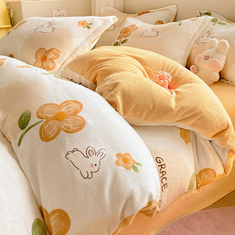 Winter Thickening Milk Fiber Bed Four-piece Coral Velvet Quilt Cover Flange Double-sided Bed Sheet Three-piece Bedding CJD2