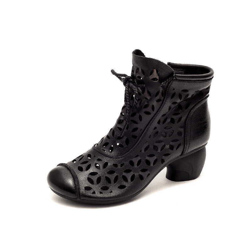 Comfortable Leather Women's Shoes Round Toe Mid Heel Chunky Heel Lace Up Sandals LadyShow.Store