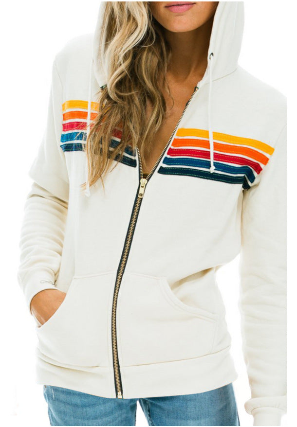 European And American Women's Casual Rainbow Sweater Jacket NorixaFashion.com