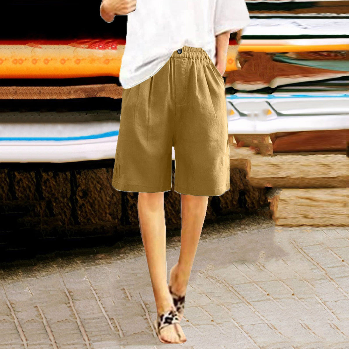 Women's Cotton And Linen Cropped Loose High Waist Shorts NorixaFashion.com
