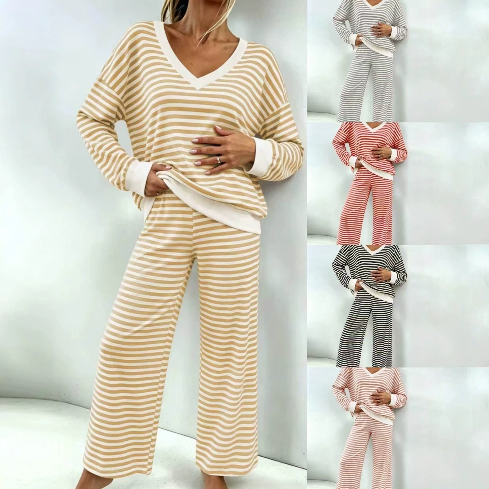 Women's Striped V Neck Loungewear Set  Loose Long Sleeve & Wide Leg Pants Soft Skin Friendly Two Piece Pajama Set NorixaFashion.com