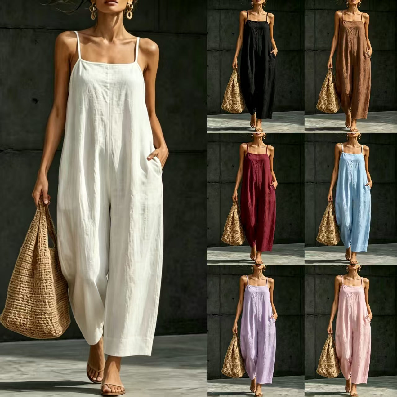 Springsummer Strap Jumpsuit Loose-fit Simple And Elegant Sleeveless NorixaFashion.com