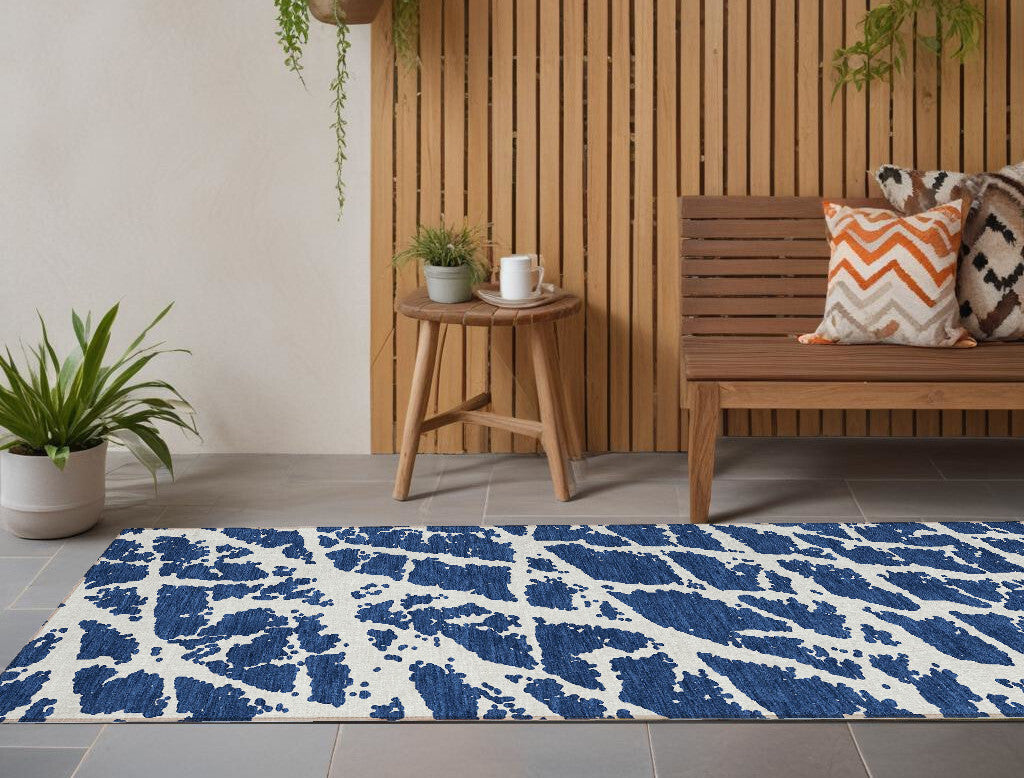 8' Runner Blue and White Abstract Washable Non Skid Indoor Outdoor Runner Rug LuxuryLifeWay Online Store