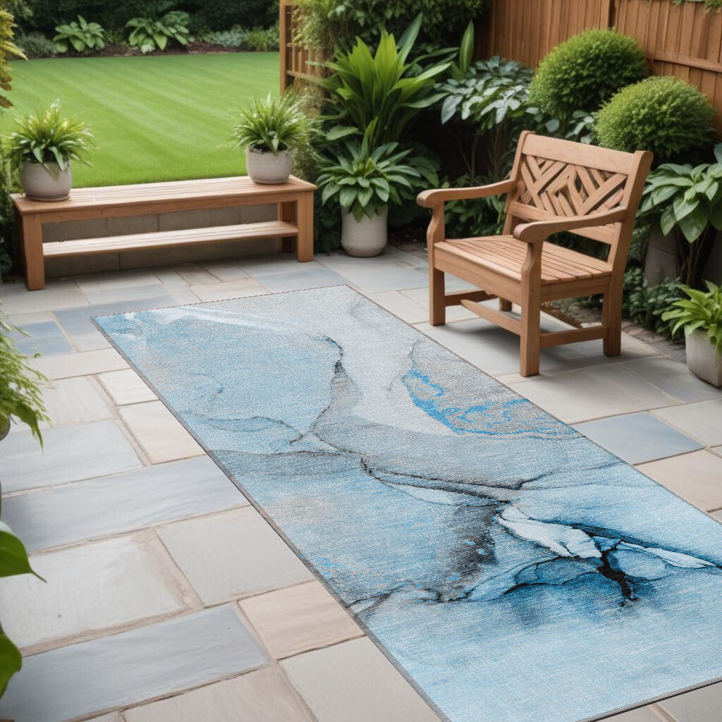 8' Runner Blue and Ivory Abstract Washable Non Skid Indoor Outdoor Runner Rug LuxuryLifeWay Online Store