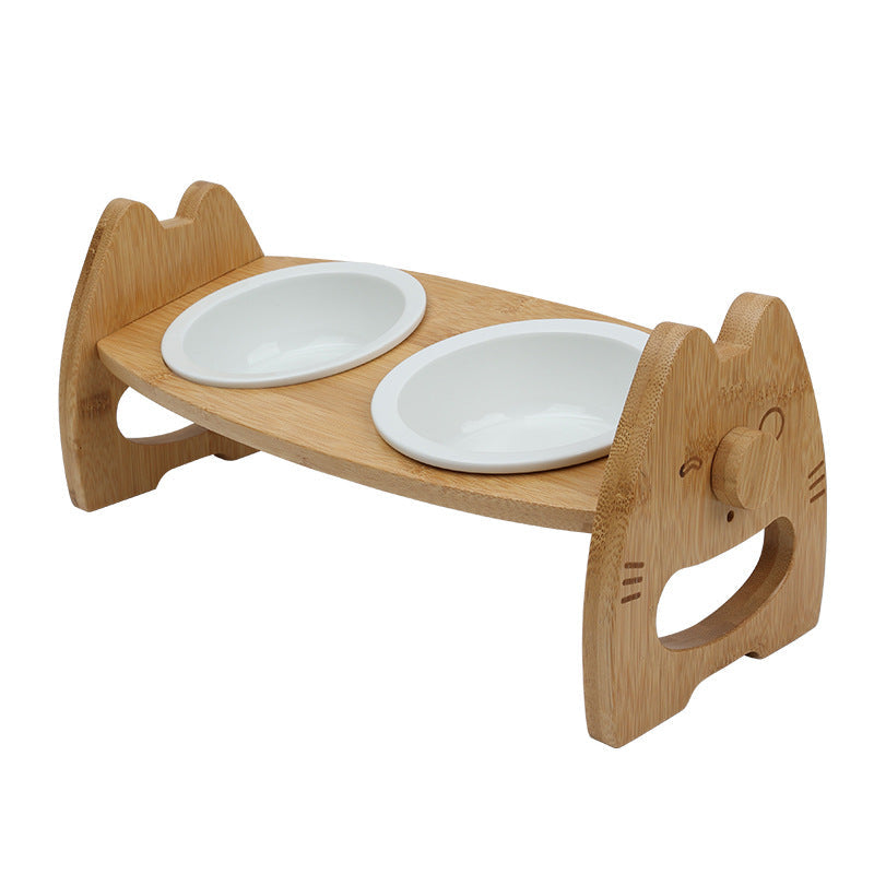Pet Bowl Ceramic Double Bowl Wooden Stand Neck Protection Dog Cat Food Basin Height Adjustable Tilt Separate Bowls Pet Accessori Pets Fashion