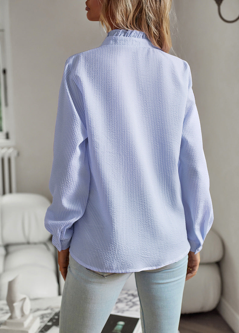 Striped Long Sleeve Shirt Fashion Ruffle Design Button Up Tops Casual Office Blouse Elegant Commuting Women's Clothing NorixaFashion.com