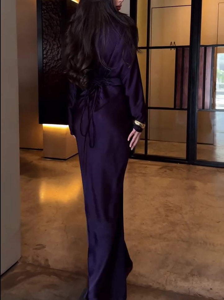 Plum Satin Maxi Dress With Wrap Front And Ruched Detail NorixaFashion.com