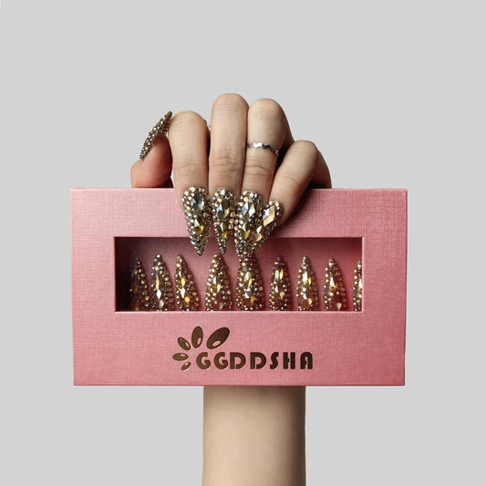 GGddsha Full Diamond Medium Almond Press On NailsReusable PMMA Acrylic Handmade Nails Full Deluxe 3DCrystal Fake Nails W Box Gift For Women,Crown Jewel Tri Light Beauty