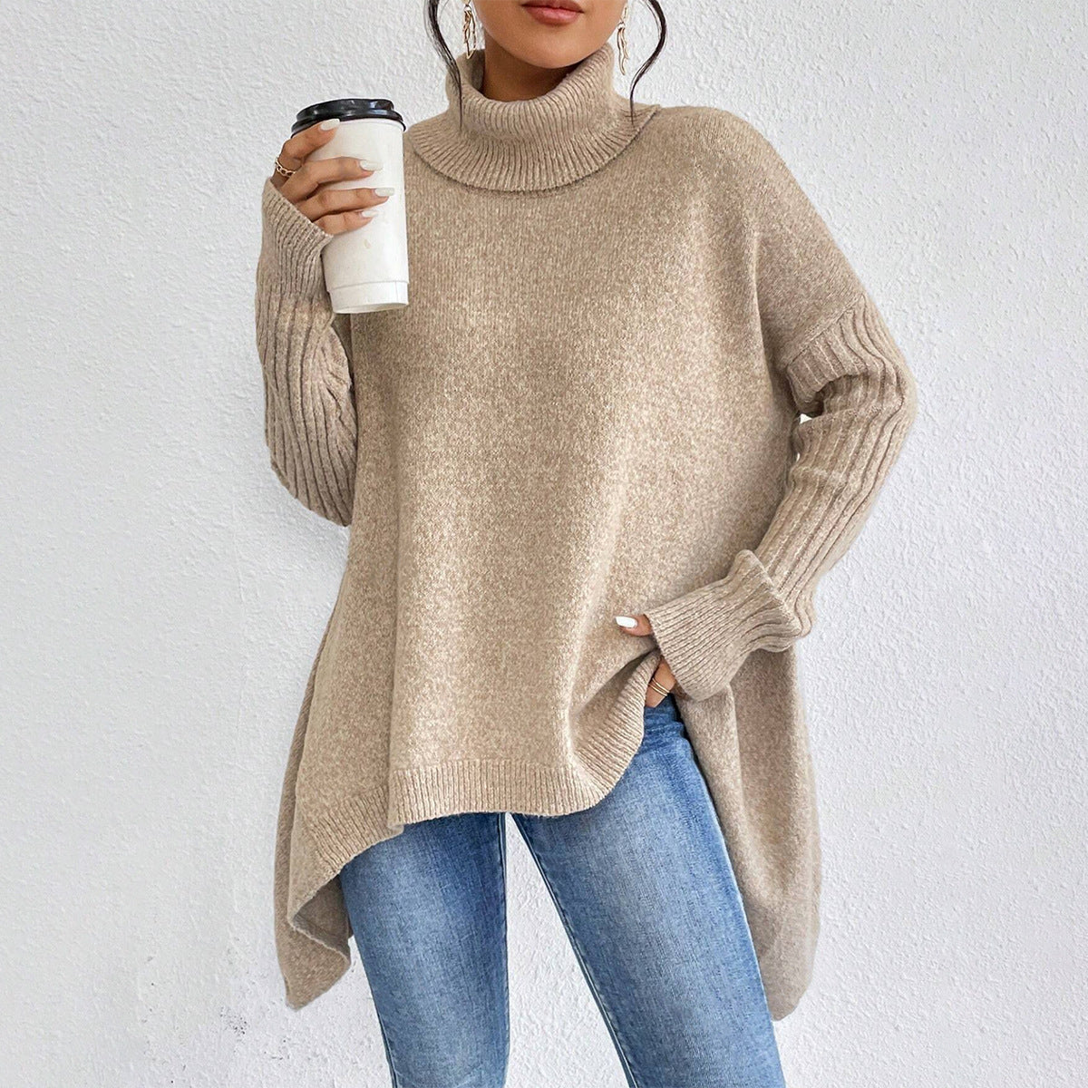 Irregular Turtleneck Sweater Winter Loose Long Sleeve Knitted Tops Leisure Warm Pullover Sweater Women's Clothing Best YouTube Store