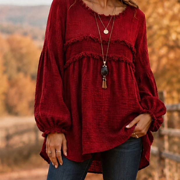 Casual Patchwork Tassel Fringe Crew-Neck T-Shirt Top NorixaFashion.com