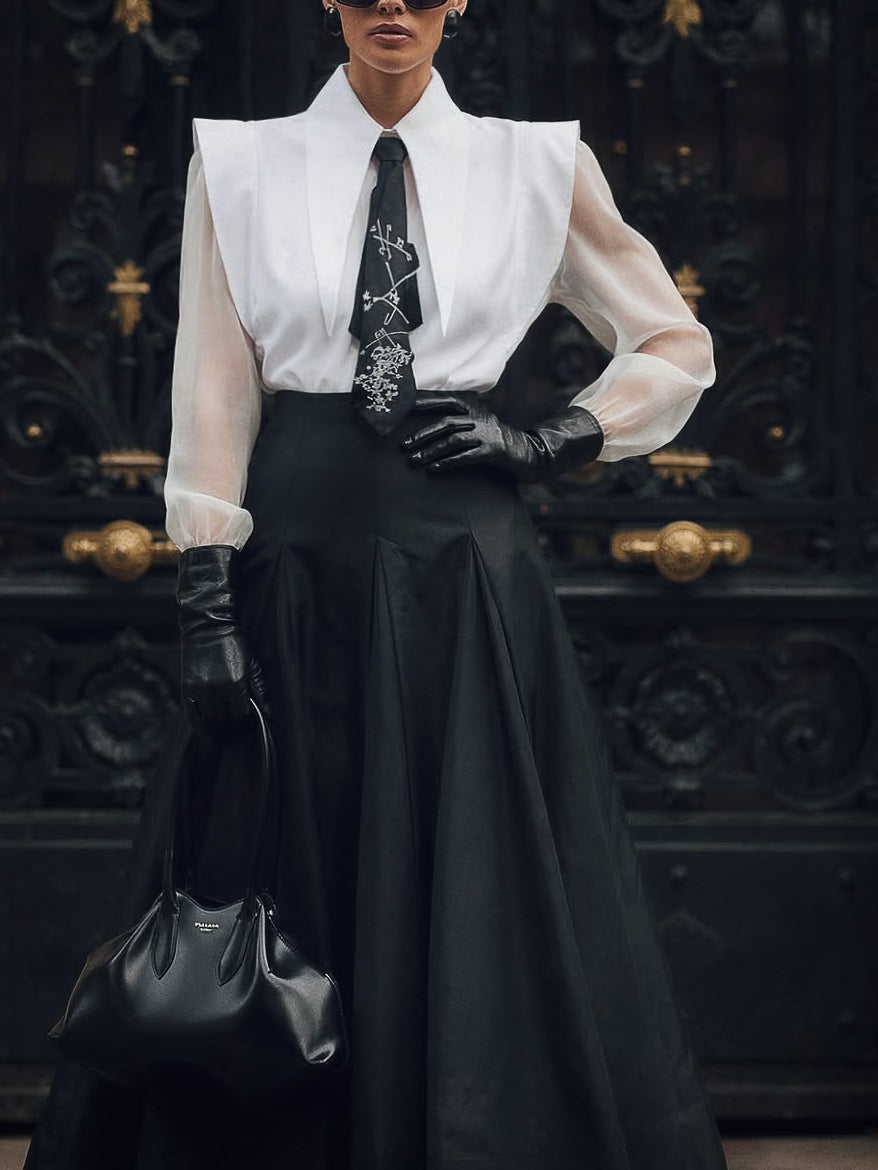 Black & White Oversized Shoulder Shirt & High-Waisted Maxi Skirt Set NorixaFashion.com