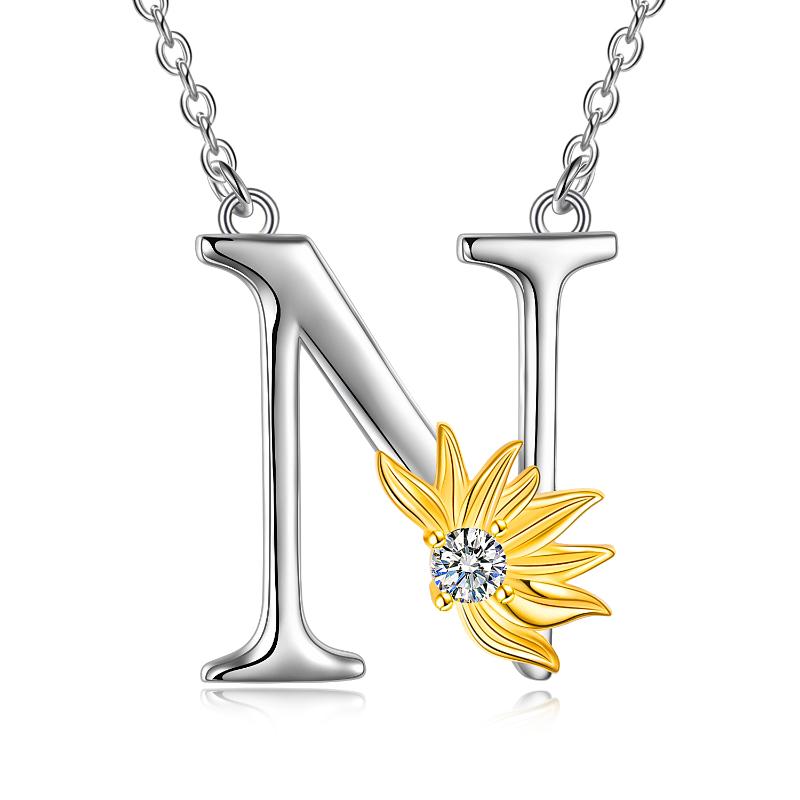 Sterling Silver Initial Alphabet Sunflower A Letter Script Name Pendant Necklace LadyShow.Store