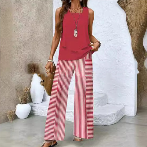 Print Suits Sleeveless Double-layer Vest And Loose Straight Pants Womens Clothing NorixaFashion.com