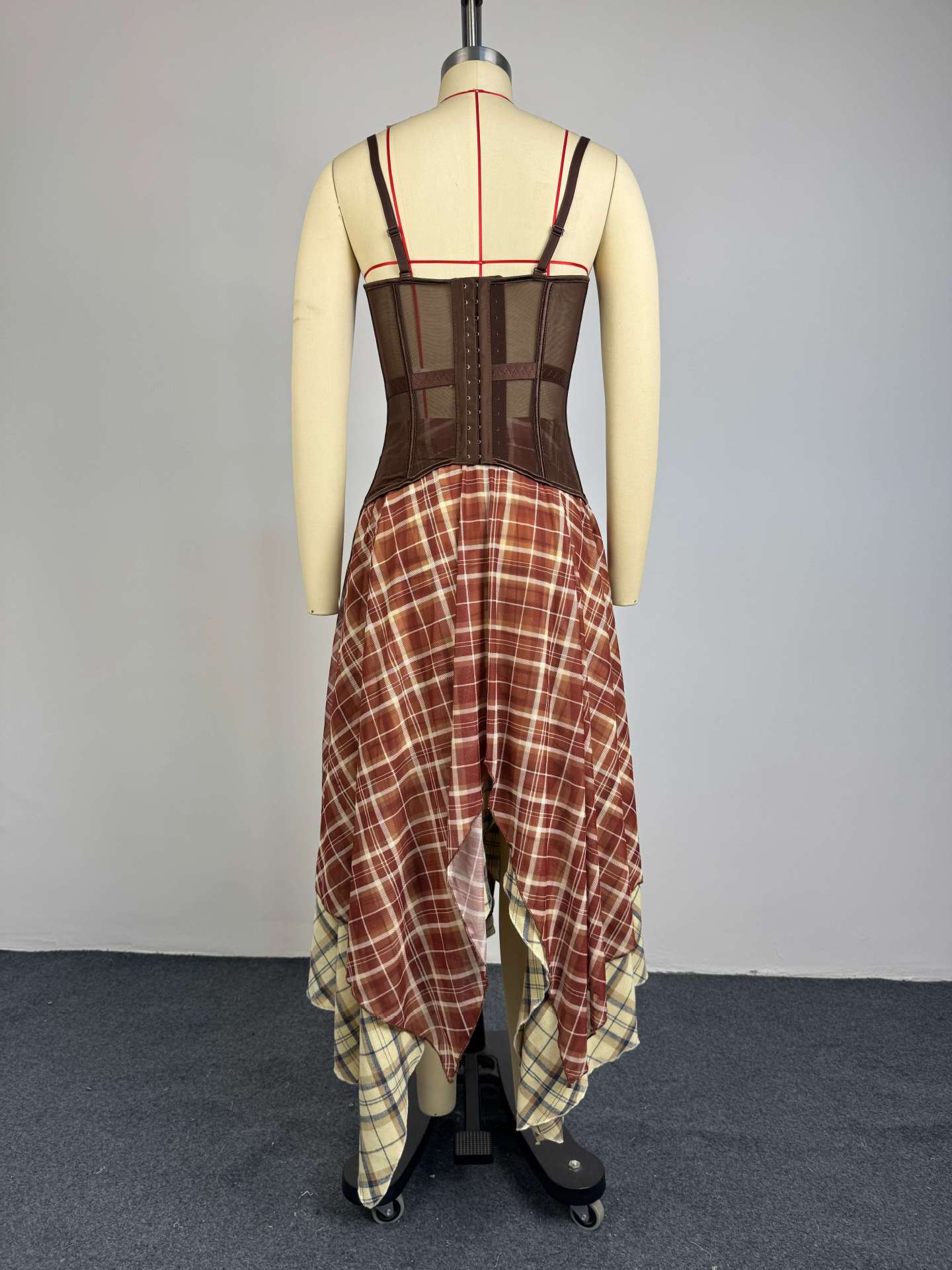 Brown Corset Top & Plaid Asymmetrical Skirt 2-Piece Set NorixaFashion.com