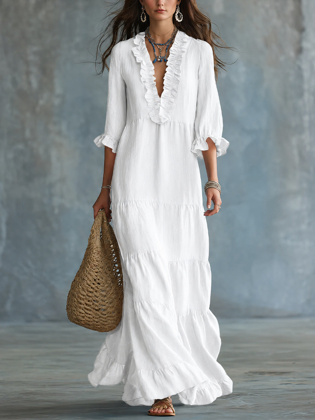 Womens V-neck Layered Casual Flowing Maxi Dress With Ruffled Hem NorixaFashion.com