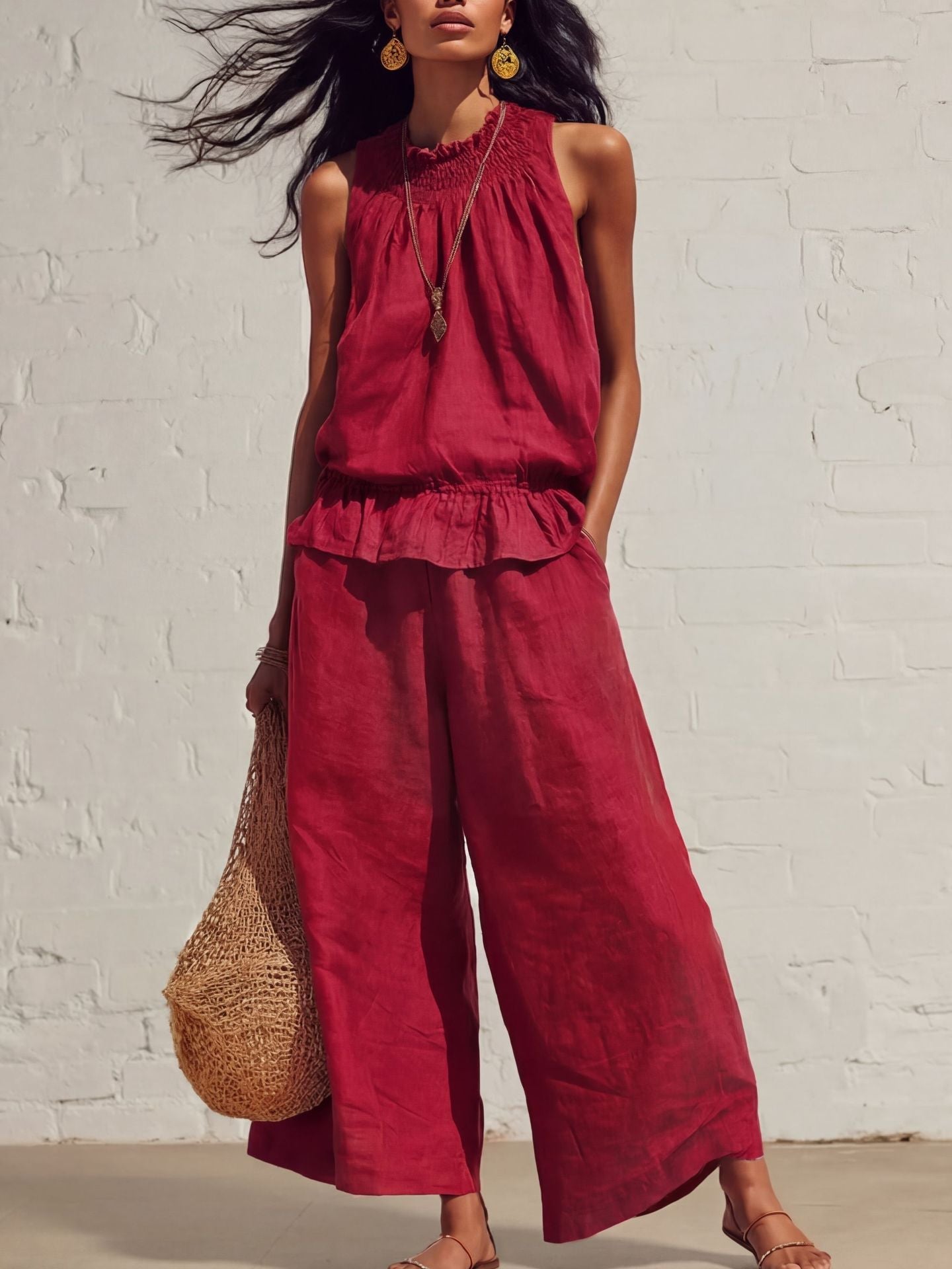 Summer Sleeveless Suit Fashion Ruffled Vest Top And Straight-leg Pants Women's Two-Piece Set NorixaFashion.com