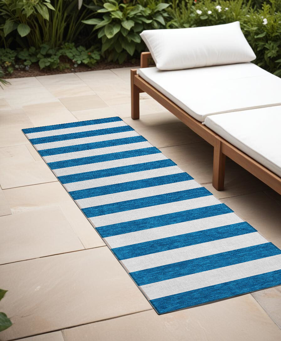 8' Runner Navy Blue Striped Washable Non Skid Indoor Outdoor Runner Rug LuxuryLifeWay Online Store