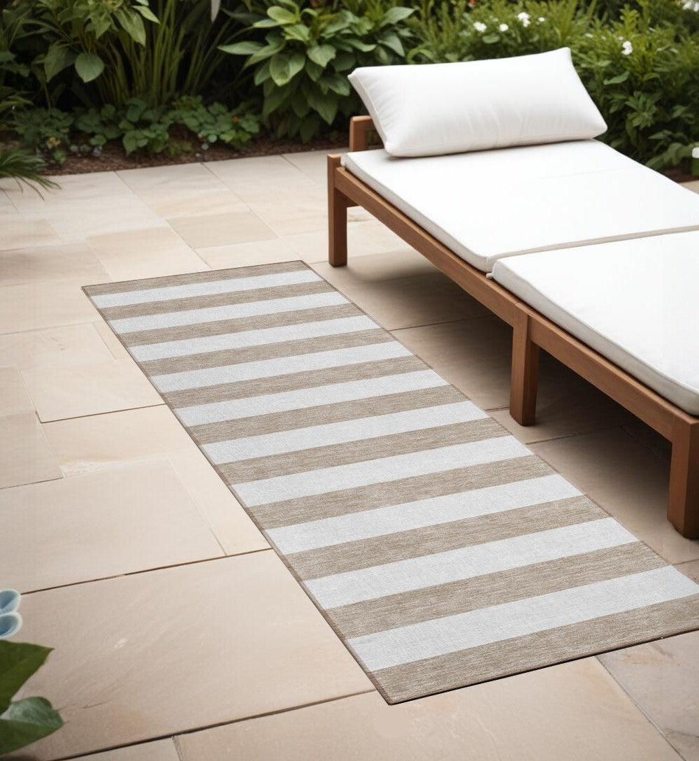 2' X 8' Taupe and White Striped Washable Indoor Outdoor Runner Rug LuxuryLifeWay Online Store