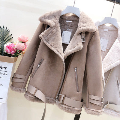 Lamb Wool Jacket, Thick Suede Leather Motorcycle Coat Pi-Mart