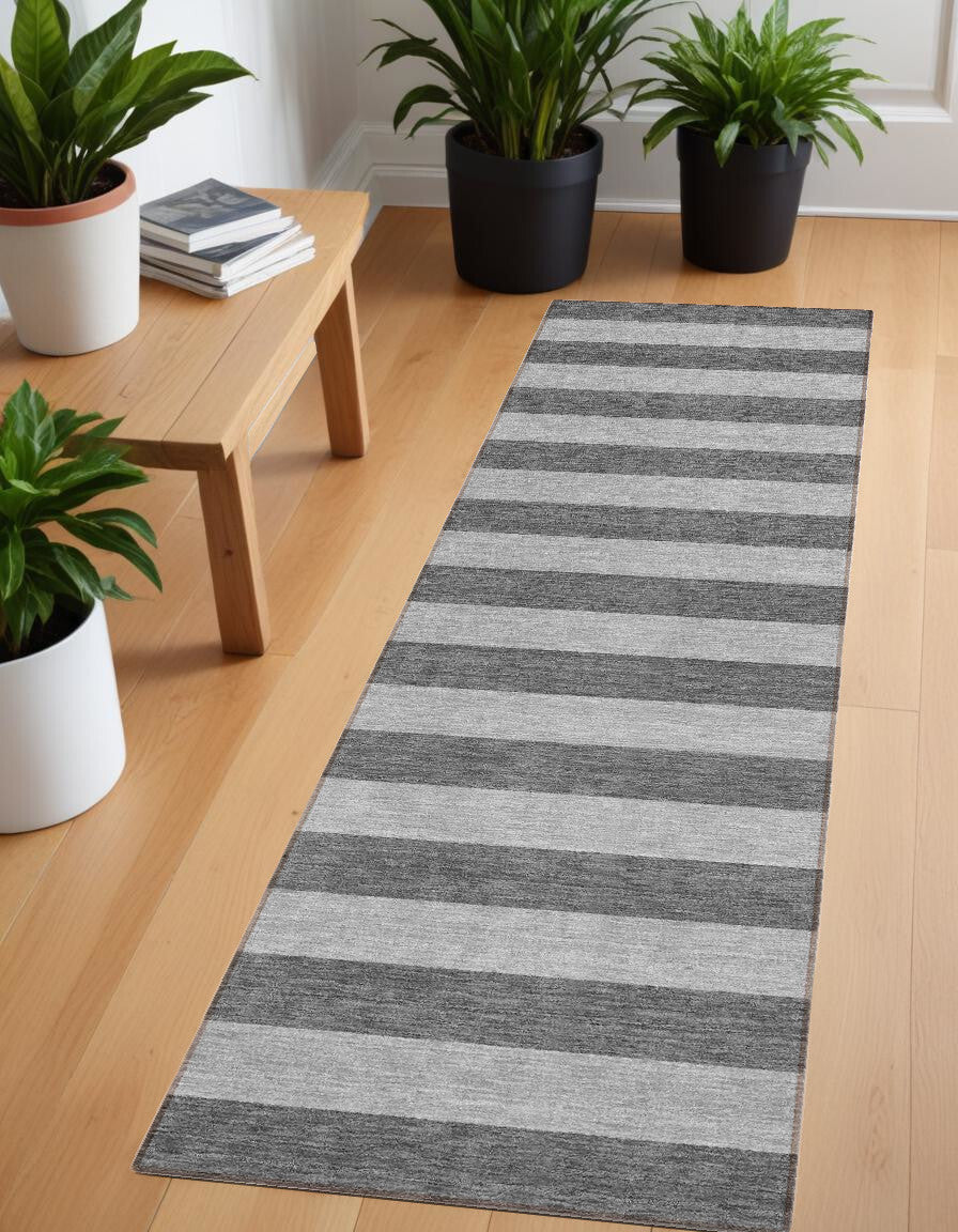 8' Runner Gray and White Striped Washable Non Skid Indoor Outdoor Runner Rug LuxuryLifeWay Online Store
