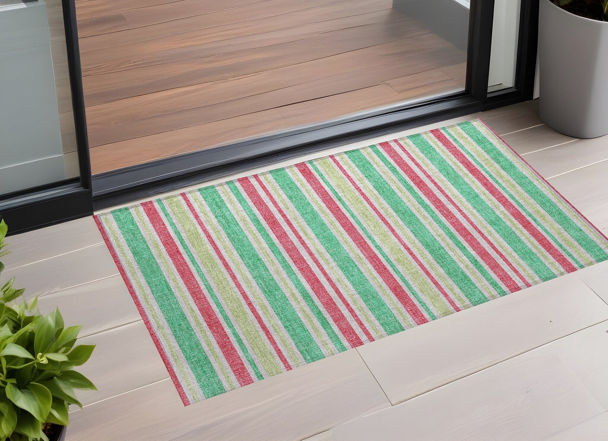 3' X 5' Green Striped Washable Non Skid Indoor Outdoor Area Rug LuxuryLifeWay Online Store