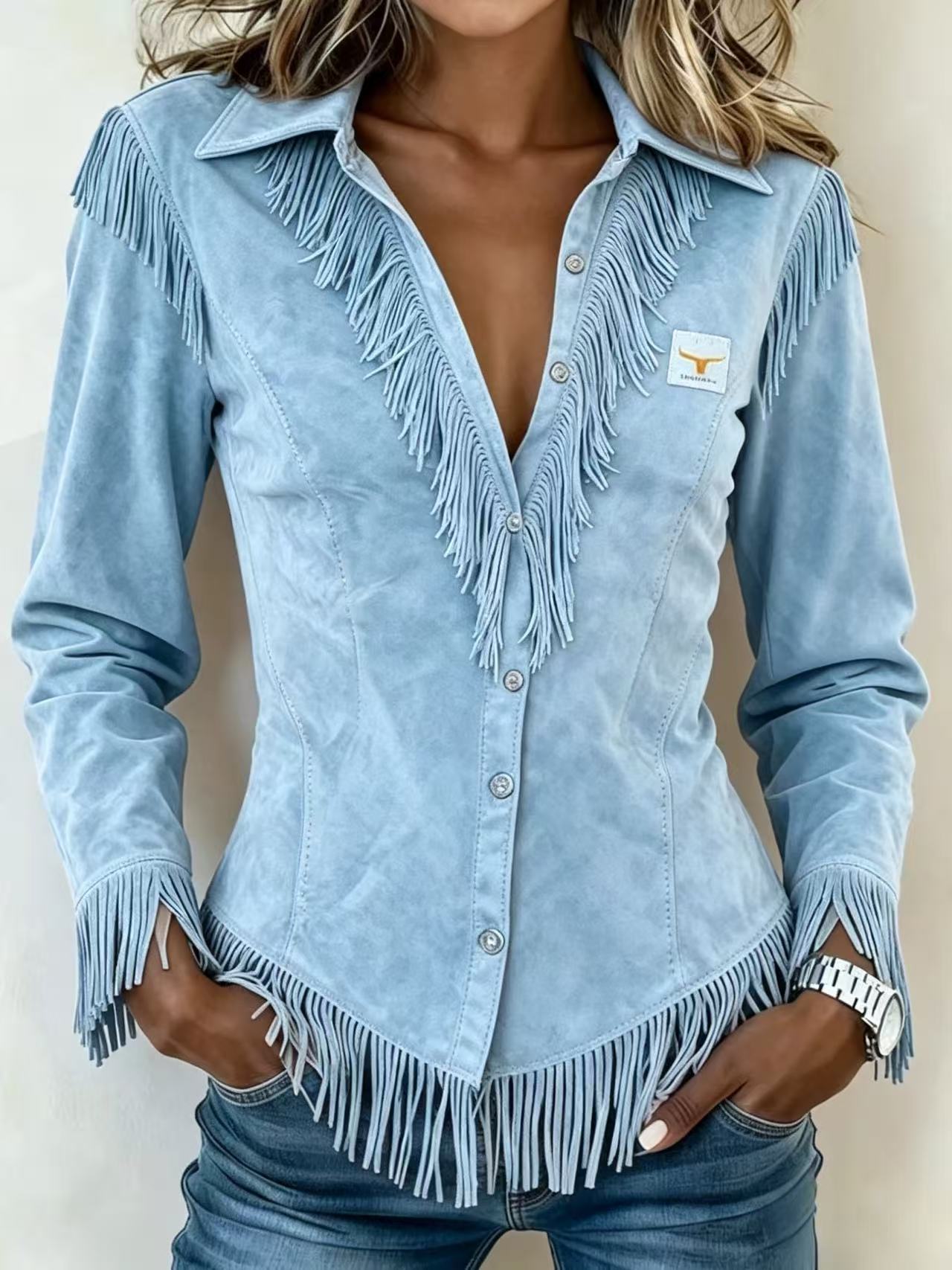 Western Cowboy-Style Suede Fringe Slim-Fit Long-Sleeve Shirt NorixaFashion.com