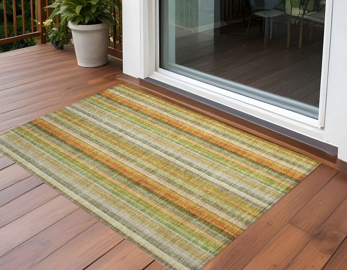 3' X 5' Tan Orange and Green Striped Washable Non Skid Indoor Outdoor Area Rug LuxuryLifeWay Online Store