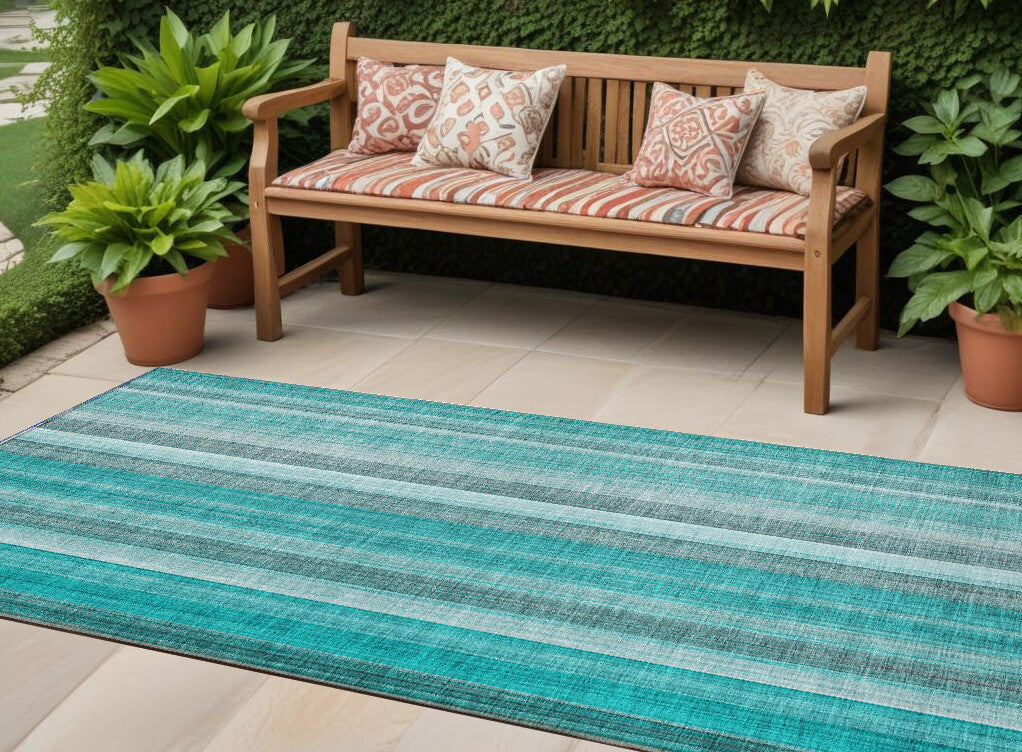 8' Runner Teal and Gray Striped Washable Non Skid Indoor Outdoor Runner Rug LuxuryLifeWay Online Store